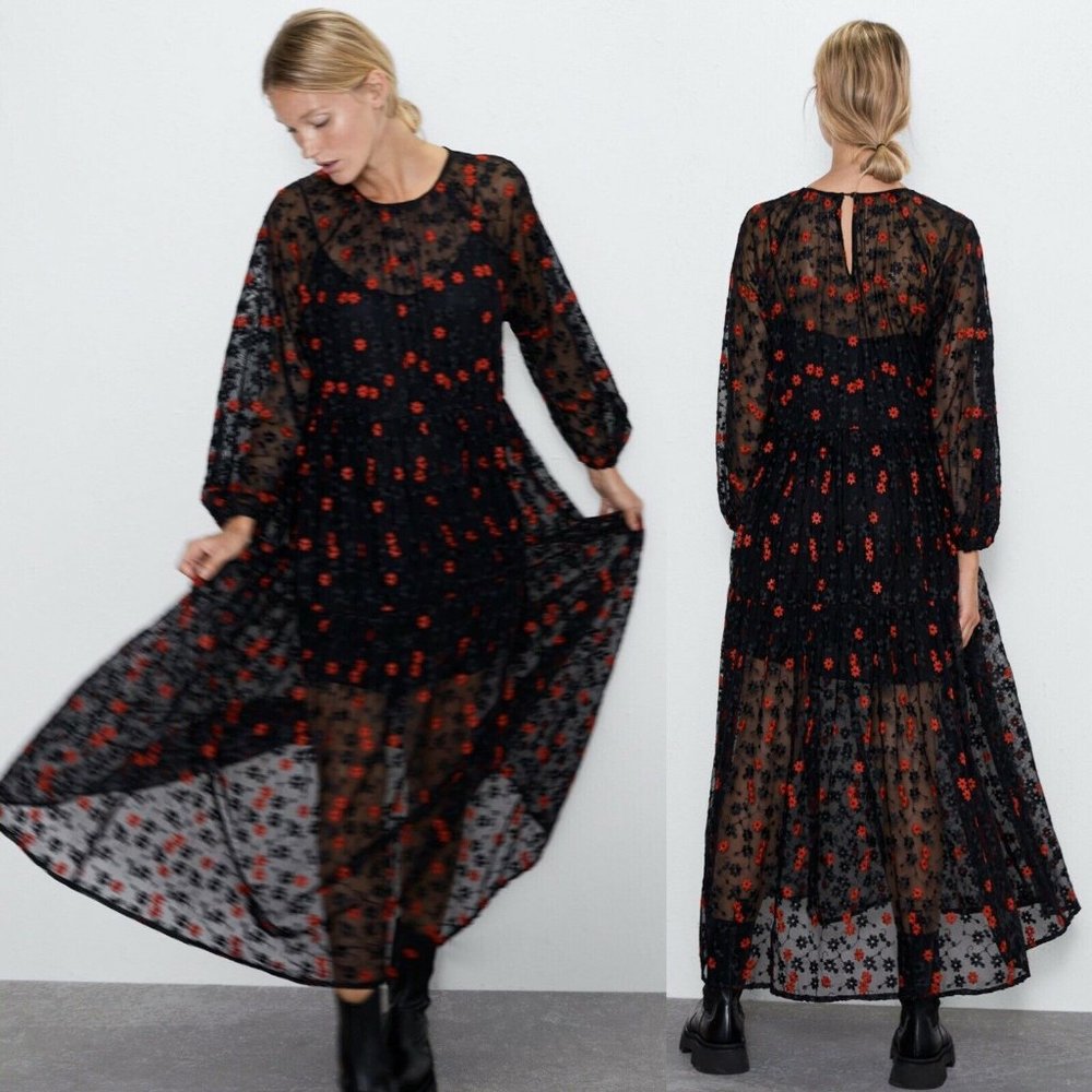 Zara Oversized Midi Dress w/ Floral Embroidery NEW
